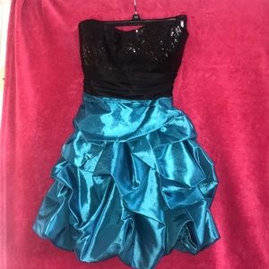 Blue Sequined & Ruffled Satin Dress